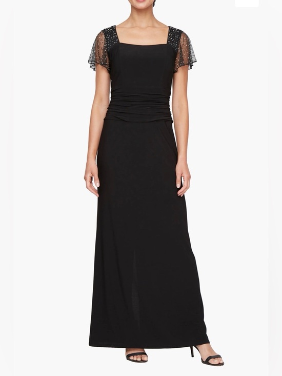 SLNY Dresses & Skirts - SL Fashion Ruched Beaded Flutter Sleeve Column Black Maxi Dress NWOT Size 10P
